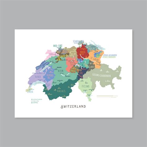 Switzerland Swiss Map, PRINTABLE Swiss Cantons and Capitals, Labeled ...