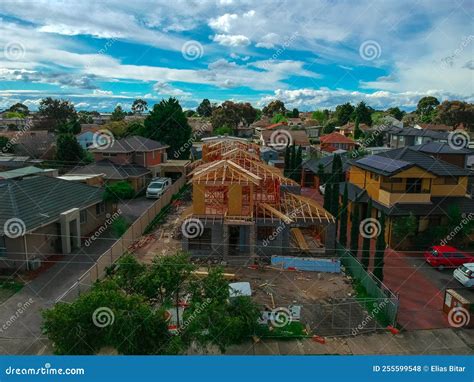 Panoramic Aerial Drone View Of Suburban Melbourne Housing Roof Tops