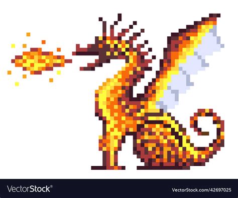 Pixel Art Dragon With Fire Breath For 8 Bit Game Vector Image