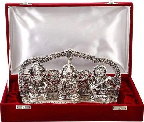 Laxmi Ganesh Saraswati Idol Murti In Velvet Silver Plated