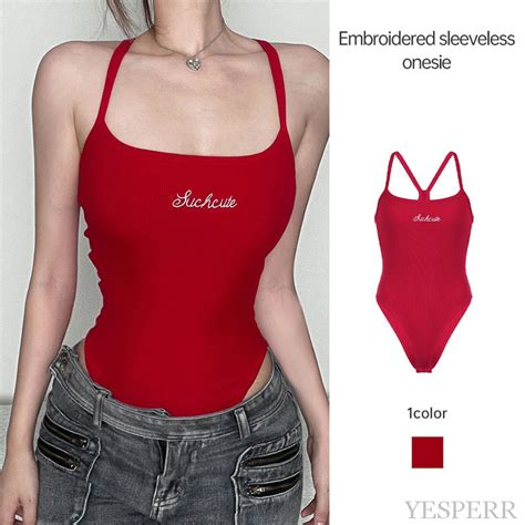 Jual Hot Girl Atasan Tank Top Camisol Merah Seksi Bodysuit Atasan Ramping Tanpa Lengan Wanita YP
