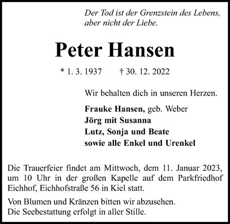 Traueranzeigen Von Peter Hansen Trauer Anzeigen De