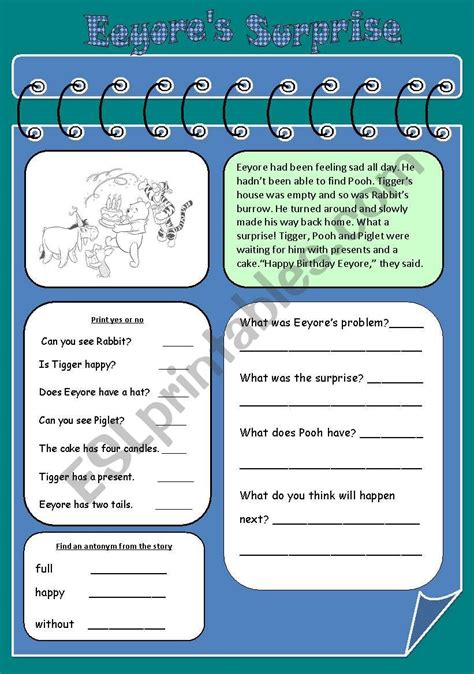 Eeyores Surprise Esl Worksheet By Ritawi