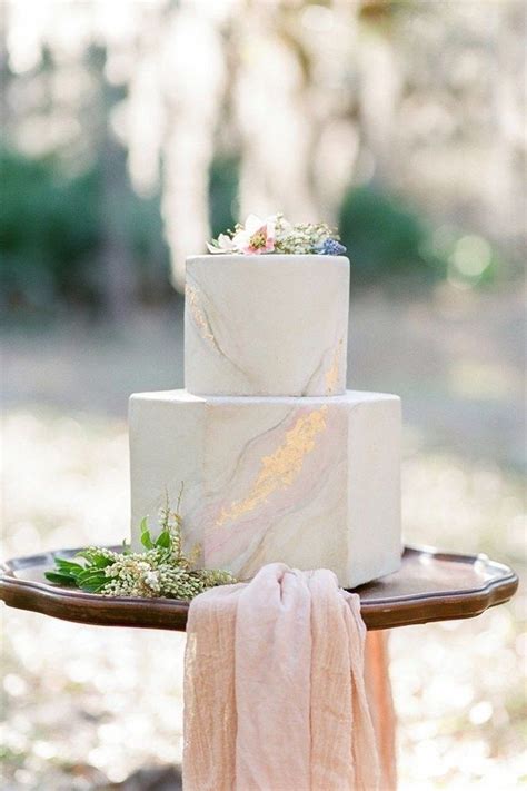 Two Tier Hexagonal Marble Wedding Cake With Shades Of Pink And Gold