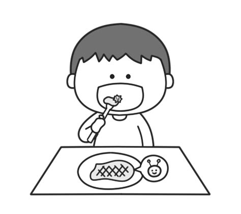 ウイルスの入ったご飯を食べる人の白黒イラスト モノクロフリー素材 フリーイラストの「かくぬる素材工房」