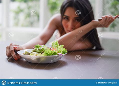 Portrait Asia Woman Wear Lingerie Or Underwear With Salad Holding In