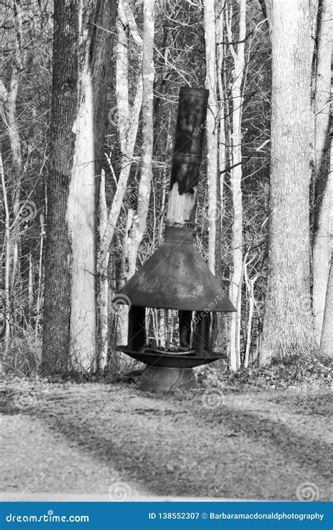 Black And White Abandoned Stove Fireplace In The Woods Stock Image