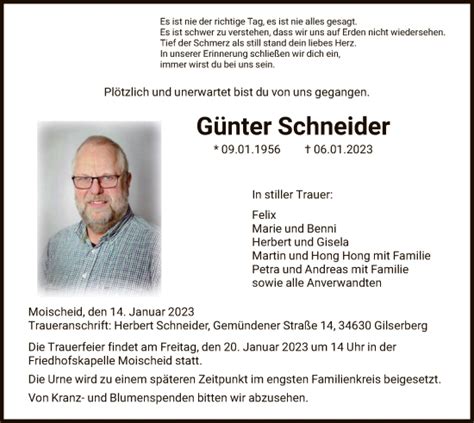 Traueranzeigen von Günter Schneider Trauer HNA de