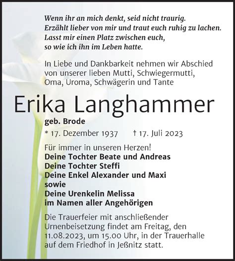 Traueranzeigen Von Erika Langhammer Abschied Nehmen De