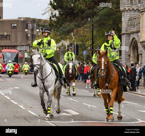 Cardiff Wales November 2018 Mounted Police On Escort Duty Riding In