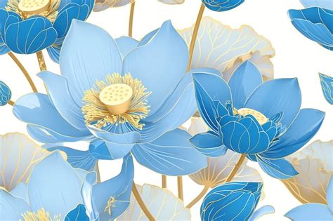 Asian Background With Blue And Gold Lotus Flower Leaves And Buds Yoga