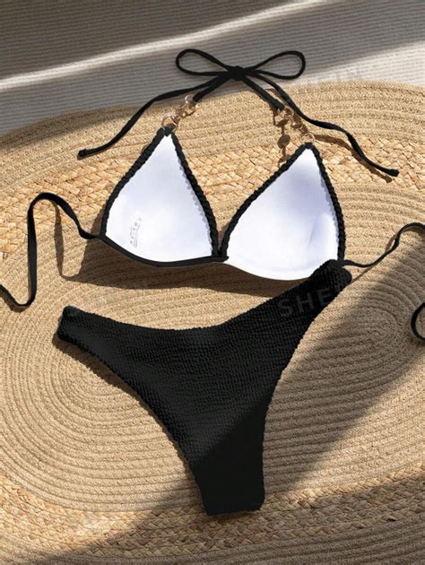 SHEIN Pearls Detail Halter Triangle Bikini Swimsuit SHEIN USA