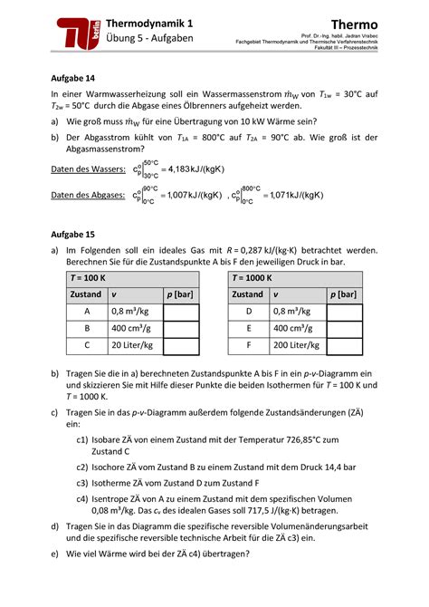 Td Bung Thermodynamik Bung Aufgaben Thermo Prof Dr Ing