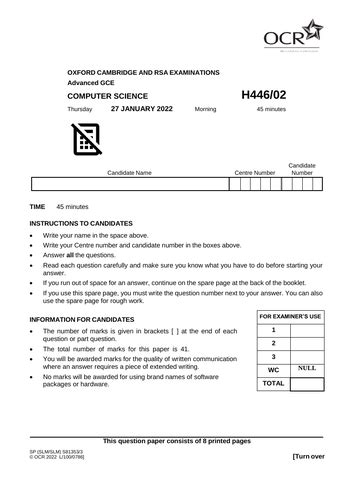 Ocr A Level Computer Science Topic Test Computational Methods