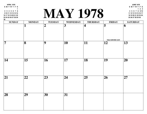 May 1978 Calendar Of The Month Free Printable May Calendar Of The Year