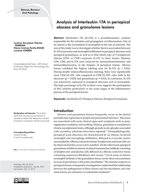 Analysis Of Interleukin 17a In Periapical Abscess And Granuloma Lesions