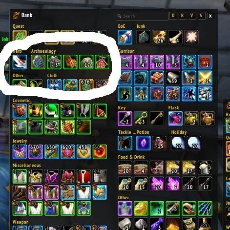 AdiBags Archaeology Bags Bank Inventory World Of Warcraft AddOns