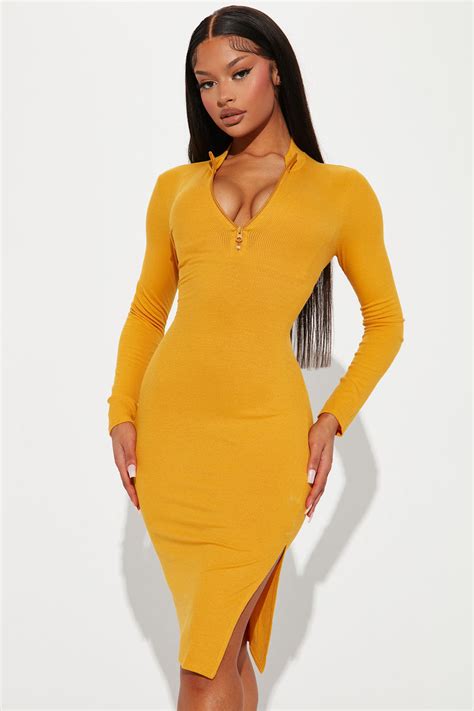 Heather Ribbed Midi Dress Mustard Fashion Nova Dresses Fashion Nova