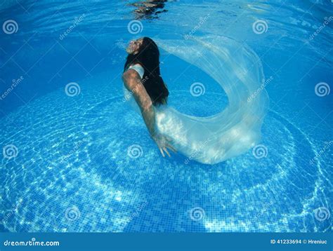 Beautiful Woman Girl White Dress Underwater Diving Swim Blue Sunny Day ...