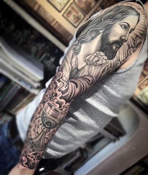 Mens Full Sleeve Tattoo Of Jesus With Holy Chalice Jesus Tattoo Sleeve