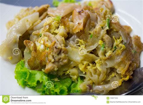 Stir Fried Flat Noodle And Chicken And Egg Thai Street Food Stock Photo