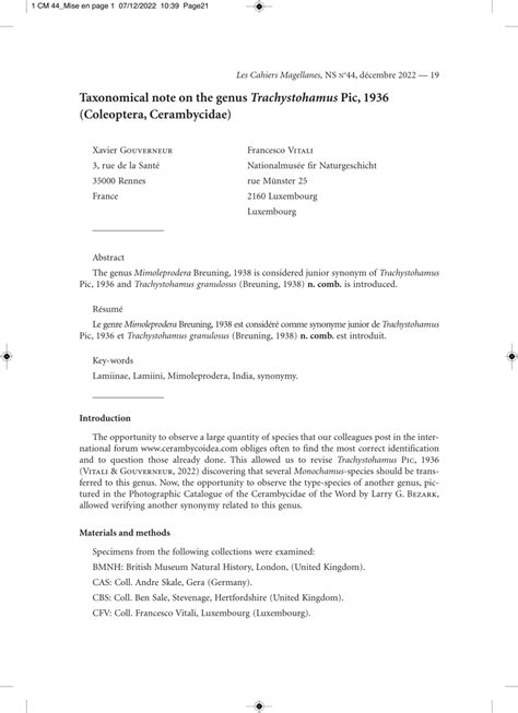 Pdf Taxonomical Note On The Genus Trachystohamus Pic