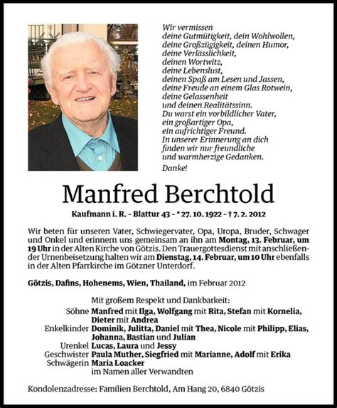 Todesanzeigen Von Manfred Berchtold Todesanzeigen Vorarlberger