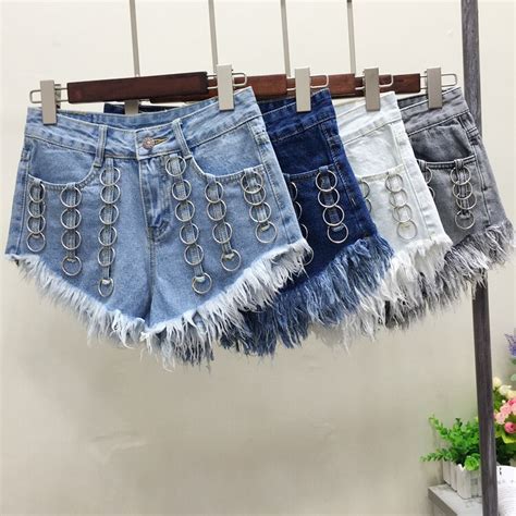 Harajuku Vintage Tassel Summer Denim Shorts Metal Rings Shorts Loose