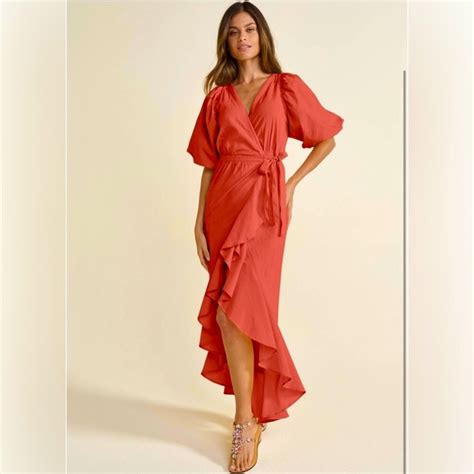 Venus Dresses Burnt Orange Puff Sleeve Ruffle Wrap Dress Poshmark