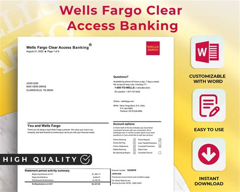 Wells Fargo Personal Bank Statementwells Fargo Editable - Etsy