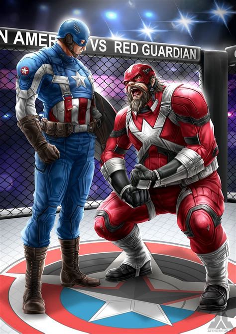 Two Superheros Standing Next To Each Other In Front Of An American Flag And Fence