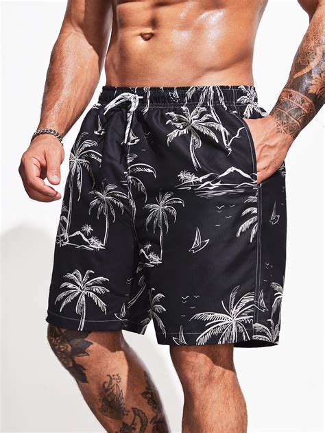 Extended Sizes Hombres Shorts De Nataci N Con Estampado De Rbol De