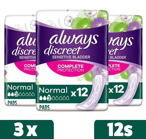 36 X Always Discreet Sensitive Bladder Incontinence Pads Normal 3 Packs Of 12 8001090065964 Ebay