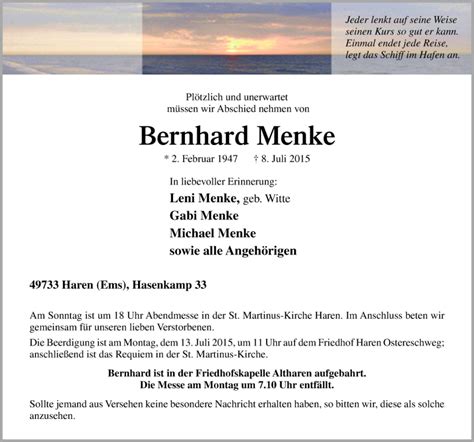 Traueranzeigen Von Bernhard Menke Noz Trauerportal