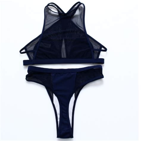 Pure Color Black Splicing Gauze High Neck Vest Type Two Piece Bikini On Luulla