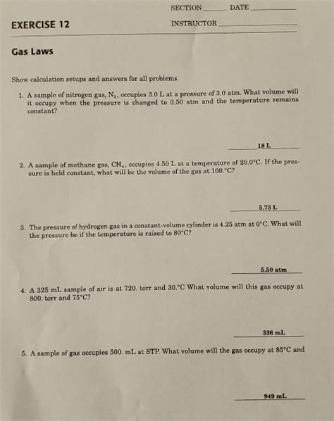 Solved DATE SECTION INSTRUCTOR EXERCISE 12 Gas Laws Show Chegg