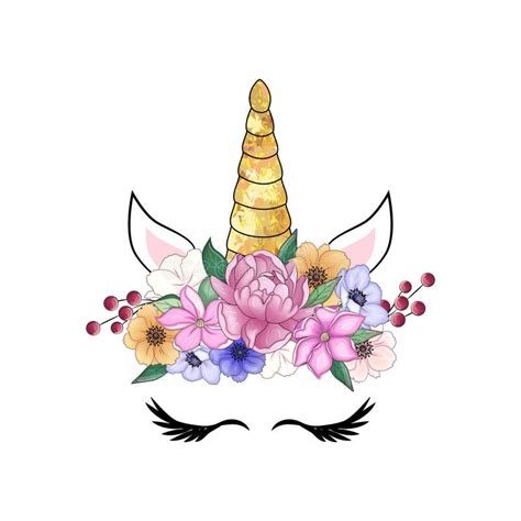 Cute Unicorn With Floral Wreath And Gold Glitter Horn Vector Hand