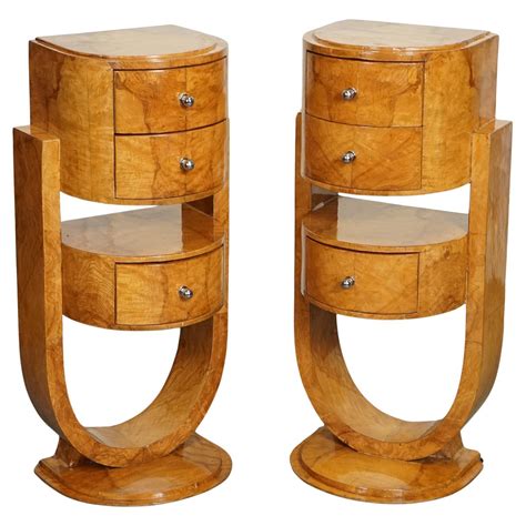 Pair Art Deco Burr Walnut Bedside Cabinets Nightstands Lamp End Table