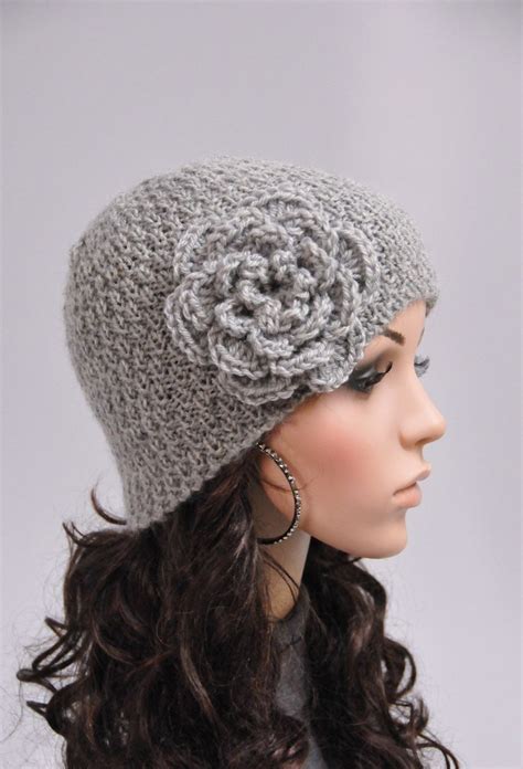 Hand Knit Beanie Wool Hat With Crochet Flower In Grey Ready Etsy