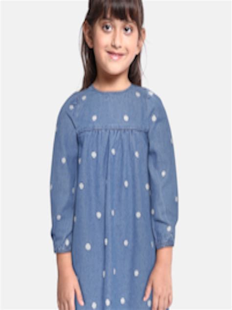 Buy Marks And Spencer Girls Blue And White Polka Dot Applique Denim Cotton Empire Dress Dresses