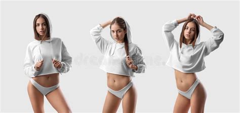 Mockup Of White Crop Top On Girl In Bikini Isolated On Background Set Stock Photo Image Of