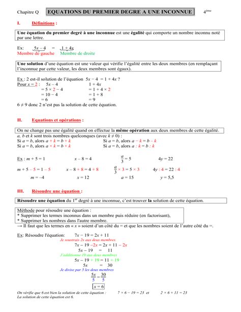 Equations Du Premier Degre A Une Inconnue