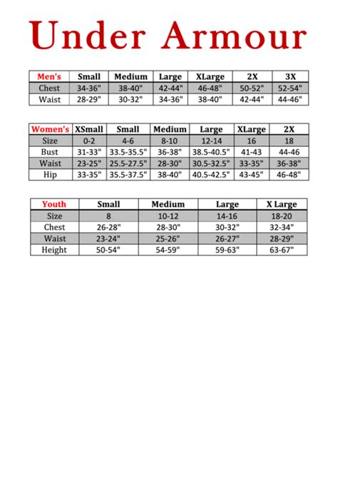 Under Armour Size Chart Printable Pdf Download