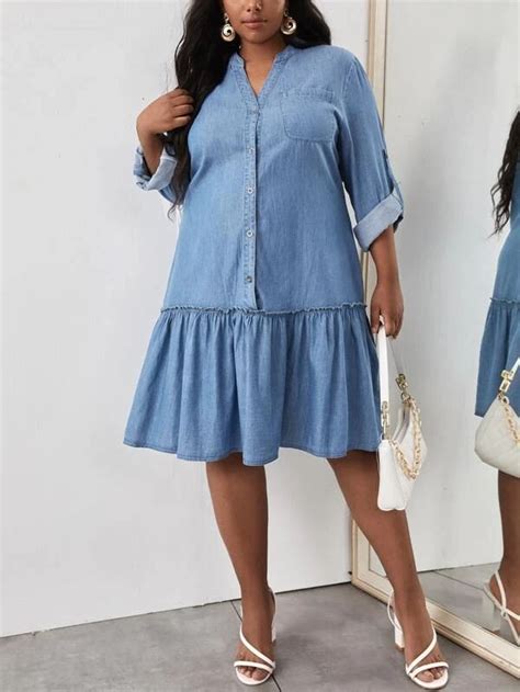 Bolso Bainha de Ruffle Botões na frente Simples ocasional Vestido Denim