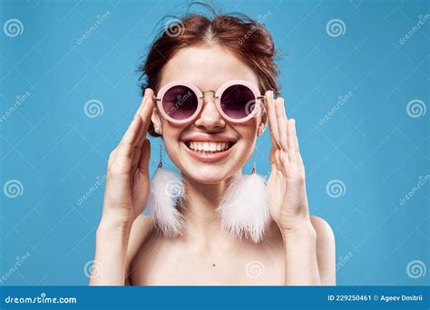Joyful Woman Naked Shoulders Emotions Studio Fashion Posing Stock Image Image Of Eyes Jewelry
