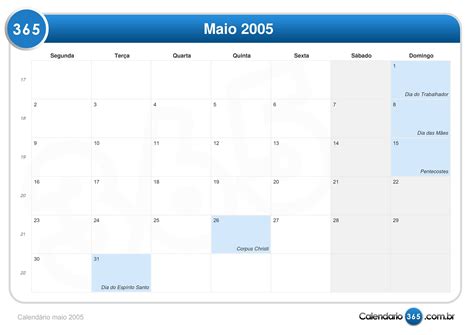 Calendário maio 2005