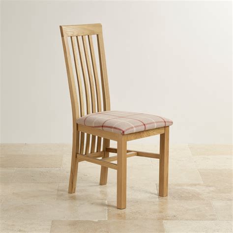 Slat Back Dining Chair In Solid Oak Check Natural Fabric