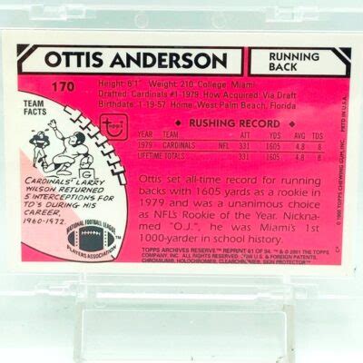 Vintage Topps Archives Reserve Nfc All Pro Ottis Anderson Rookie