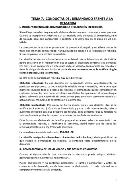 Tema 7 Derecho Proce S Al TEMA 7 CONDUCTAS DEL DEMANDADO FRENTE A