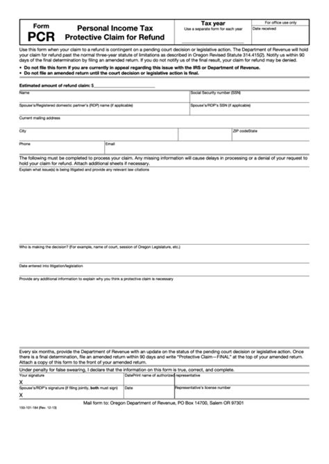 Fillable Form Pcr Personal Income Tax Protective Claim For Refund